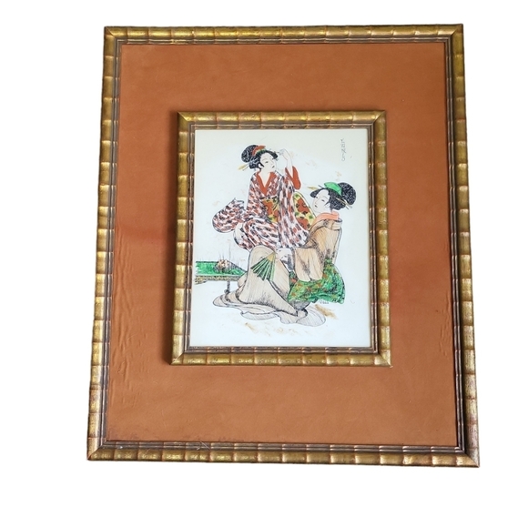 JANET EDRIS Geisha Girls' Handcolored Etched Synthetic Tile Framed - Picture 3 of 4